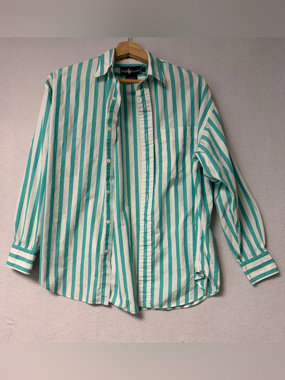 Vintage Ralph Lauren Blue Label Aqua White Stripe Button Down Shirt Women’s 8